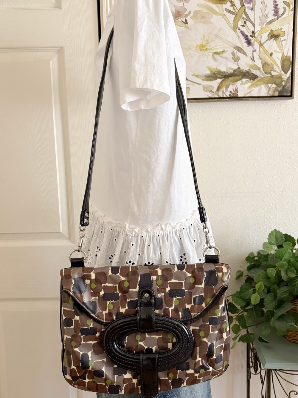 Orla Kiely Brown Multi-Color Patterned Fold Shoulder Bag with Black Trim